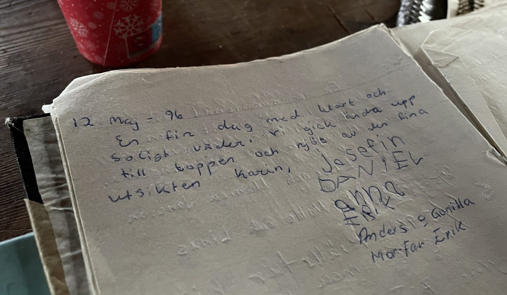 En gästbokstext som beskriver en dag med fin utsikt från stugan, undertecknad av barn och vuxna.