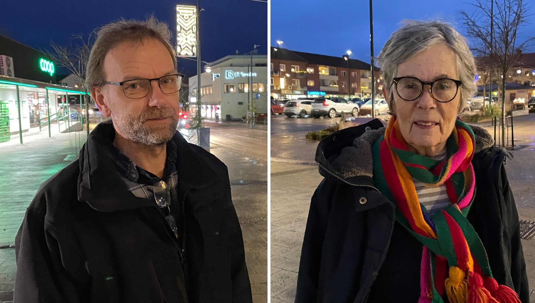 En man och en kvinna fotograferade under gatlyktorna vid torget i Leksand.
