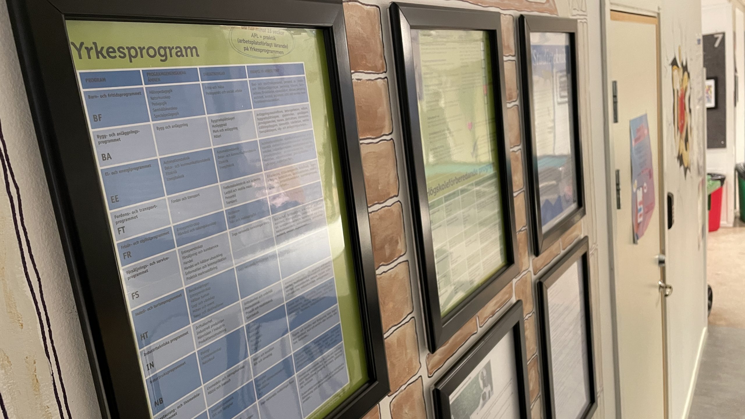 Tavlor på väggen som bland annat visar en lista på olika gymnasieprogram.