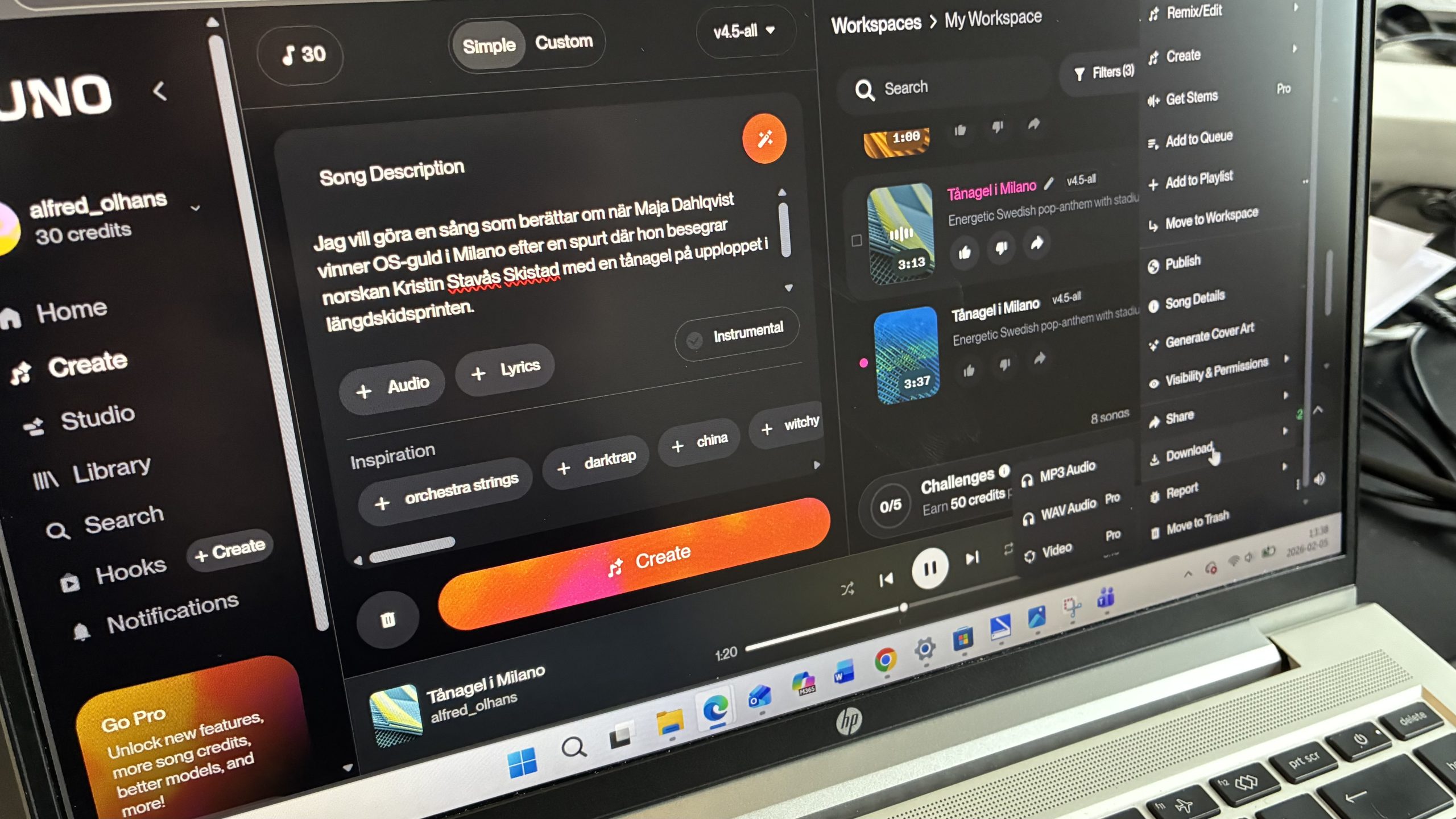 Fotograferad datorskärm som visar verktyget Suno.