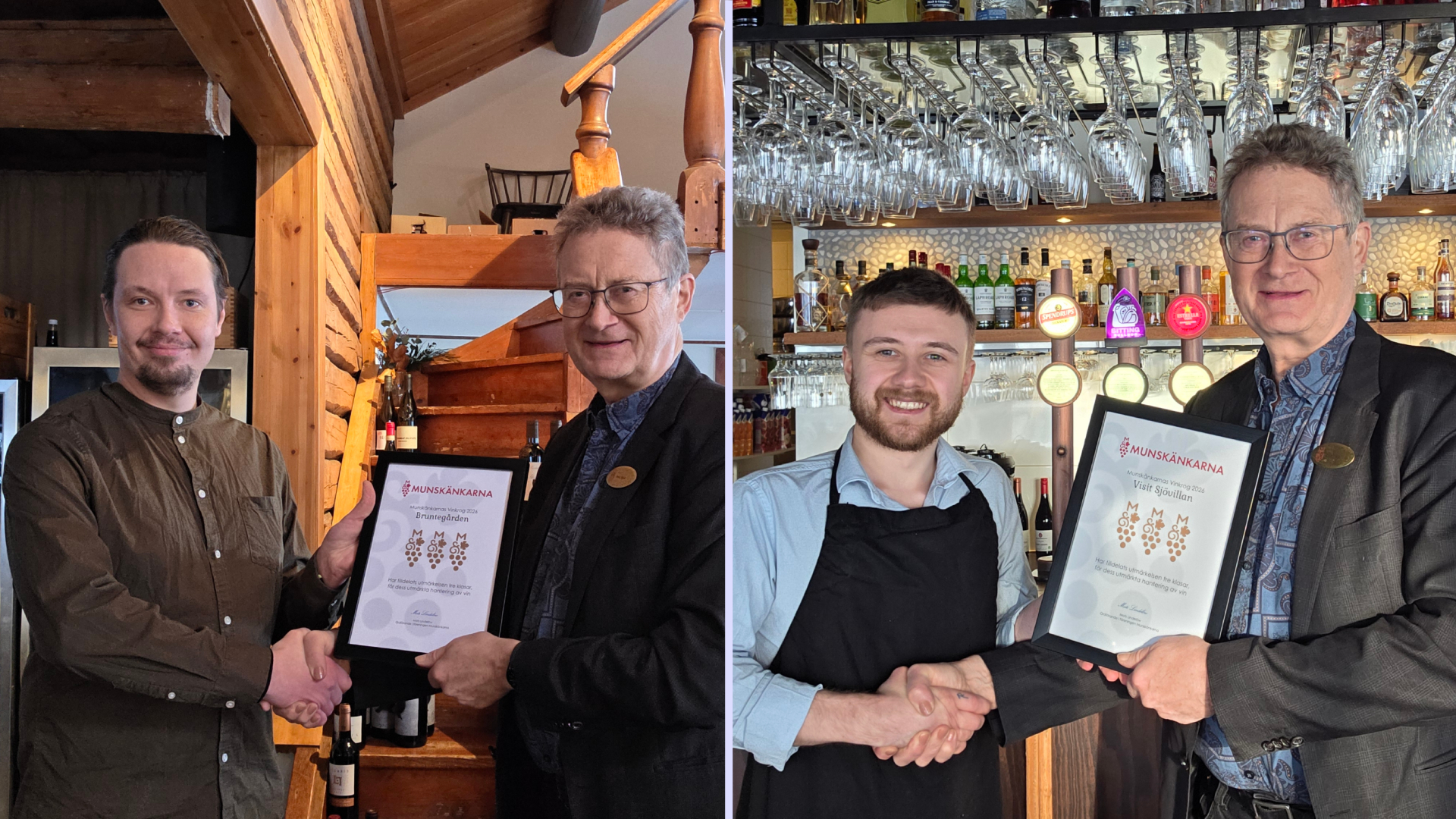 Delad bild där två olika män skakar hand med prisutdelaren och tar emot varsitt diplom.