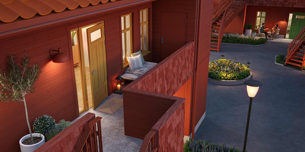 Röd exteriör i skymningsljus.