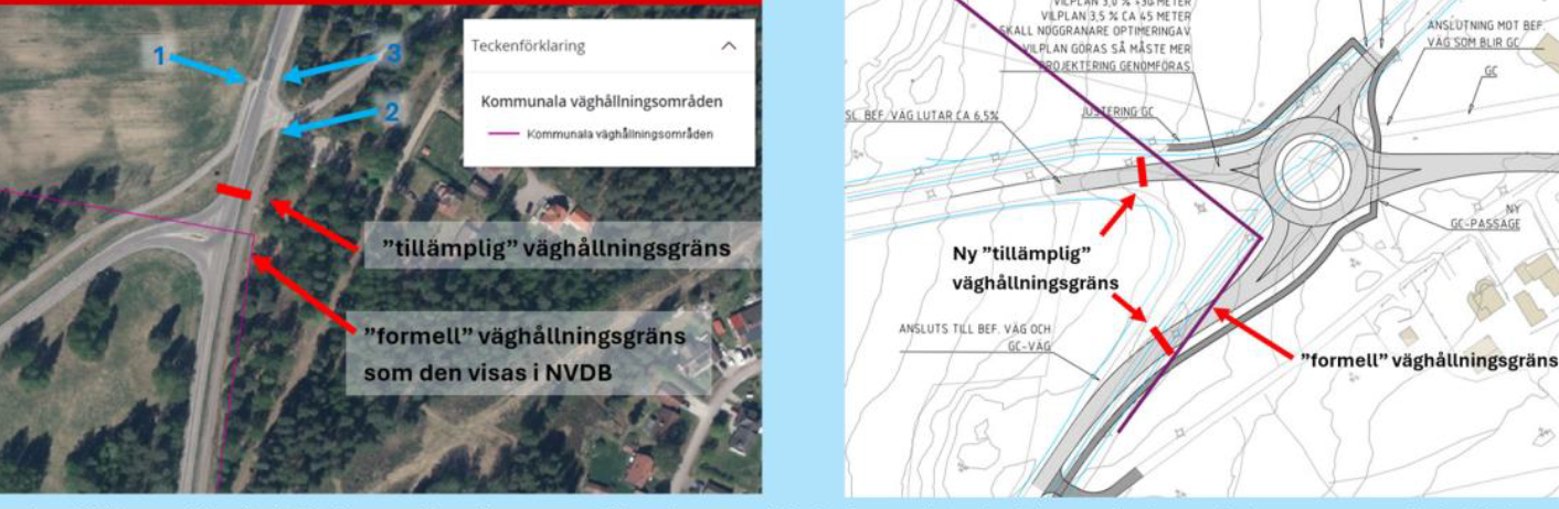 Nya rondellen ritad på karta med befintlig satellitbild till vänster.