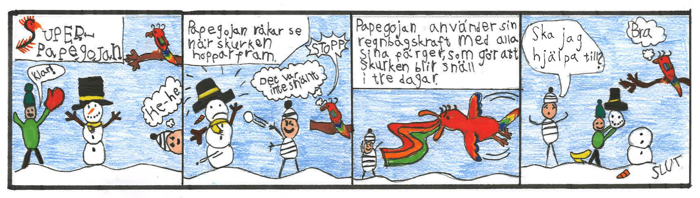 Serieteckningens handling är att en papegoja stoppar en skurk som håller på att förstöra en snögubbe. Istället blir skurken snäll och vill hjälpa till att återställa snögubben.