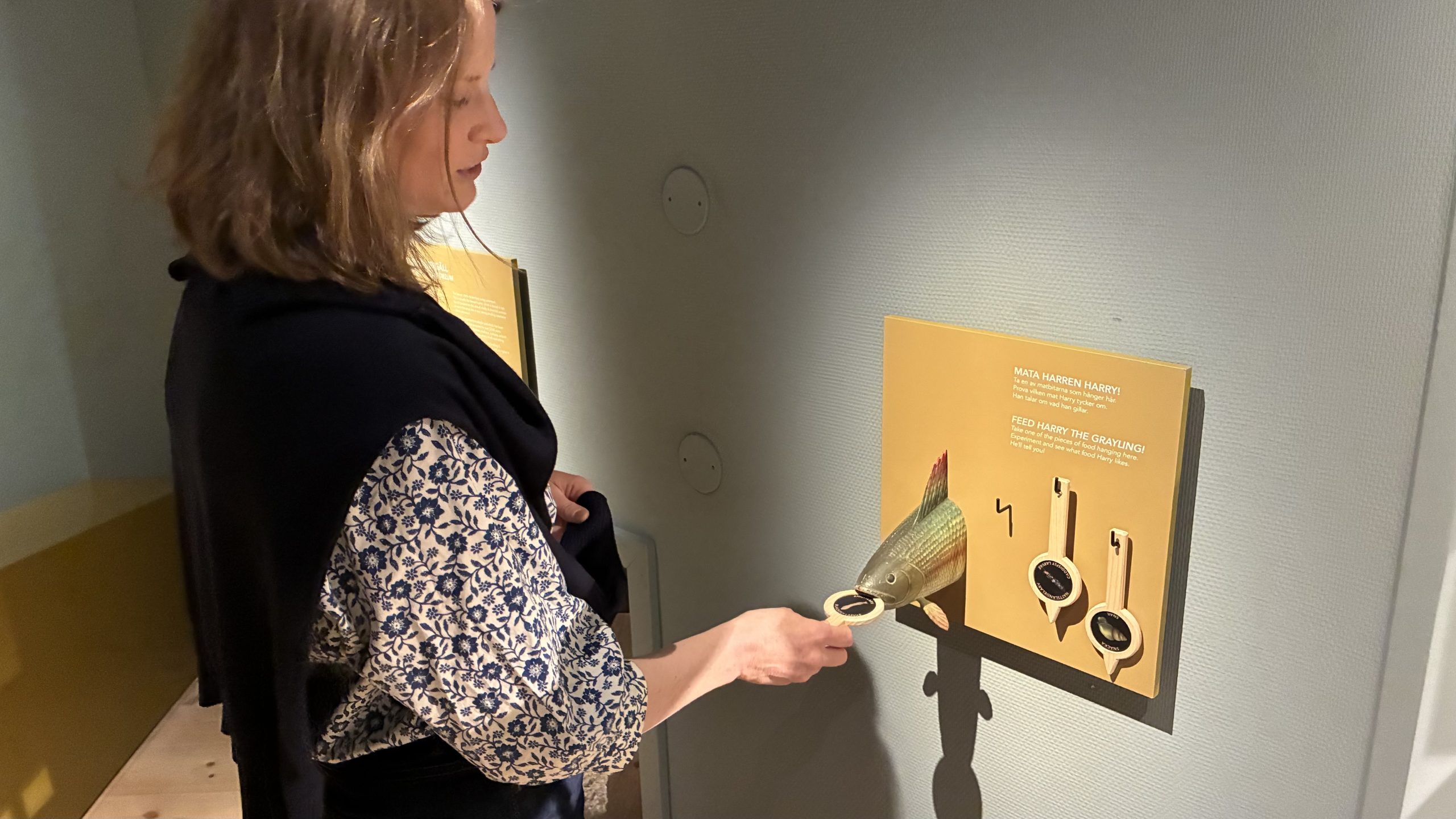 Karen Kämpe testar att mata en modell av en harr med olika brickor.