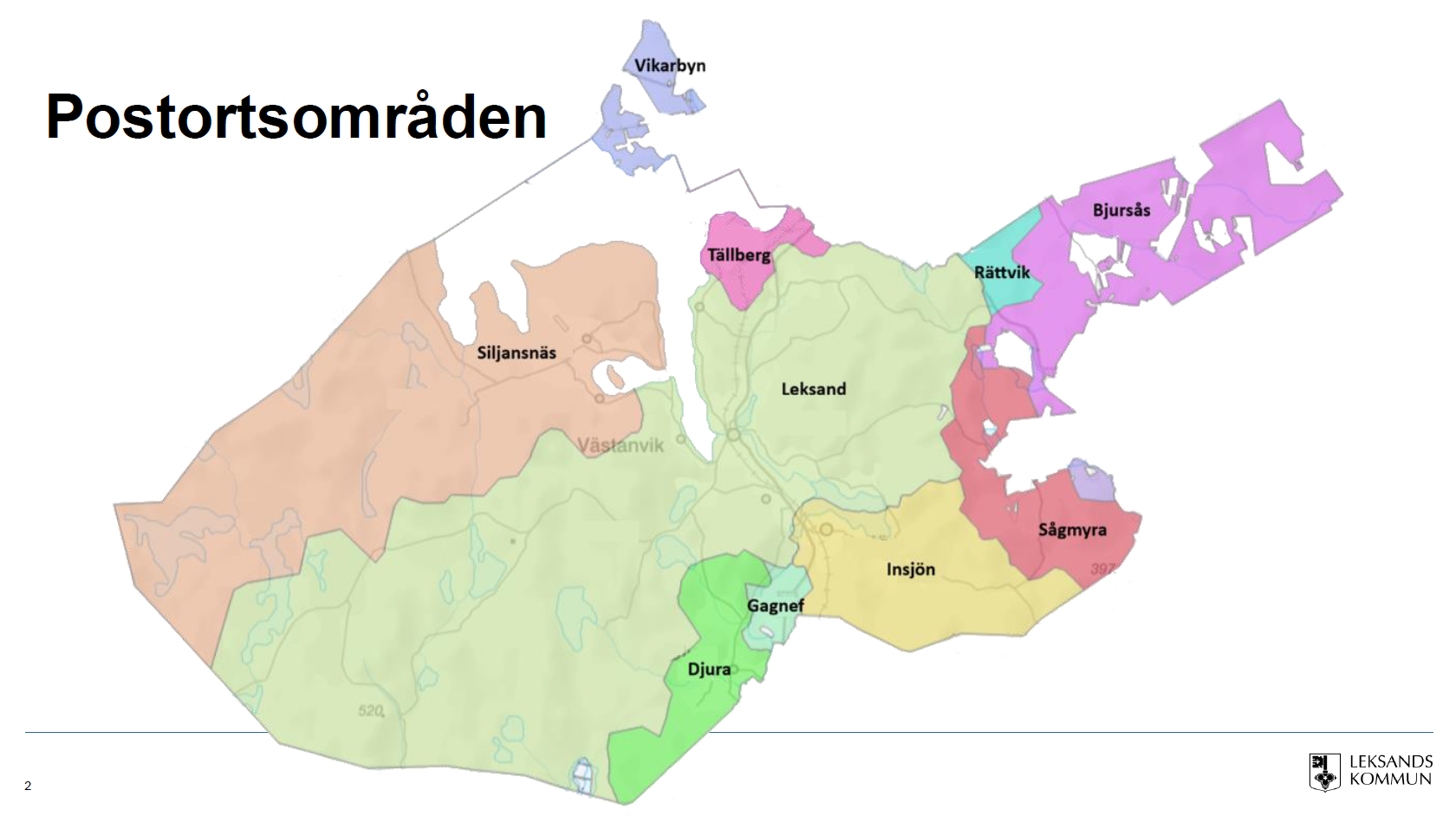 Karta som visar postorternas geografiska utbredning i Leksands kommun.