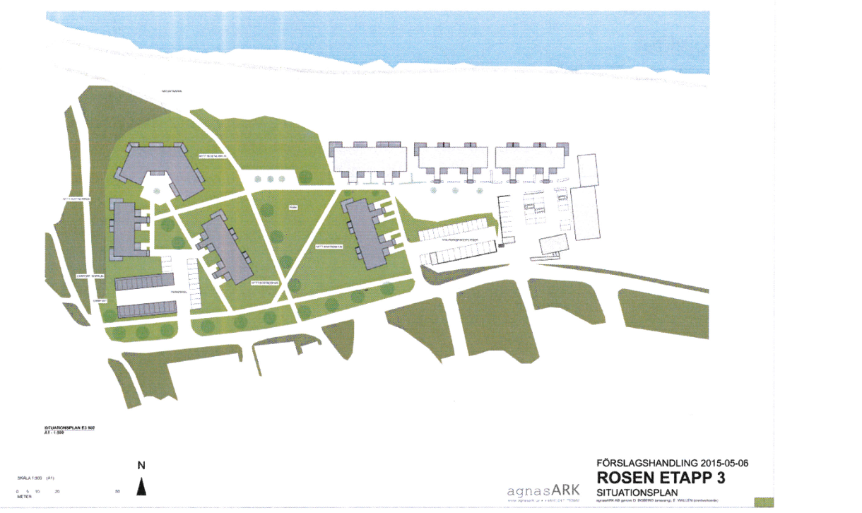 Kartskiss som visar byggnaderna inritade på en karta.