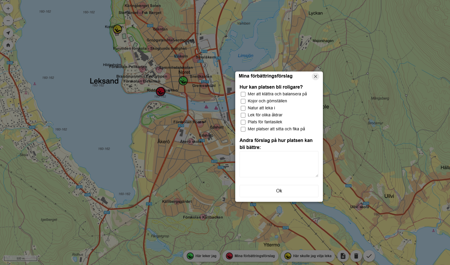 Karta med en dialogruta som ger några förslag på vad man vill förbättra i lekmiljön, och ett område för fritextsvar.