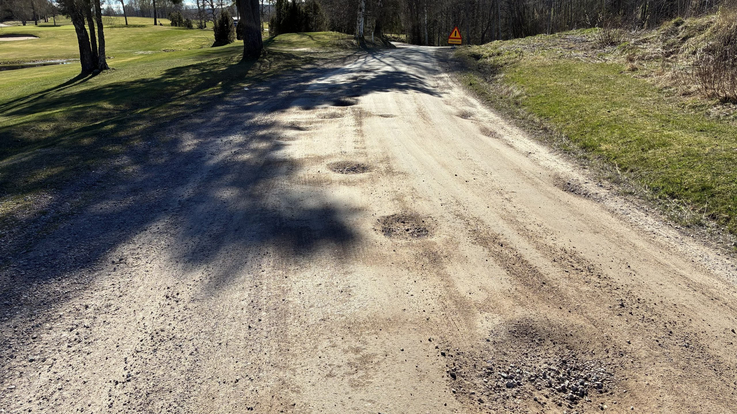 Bild på gropar i vägen och en varningsskylt med texten Vägskada