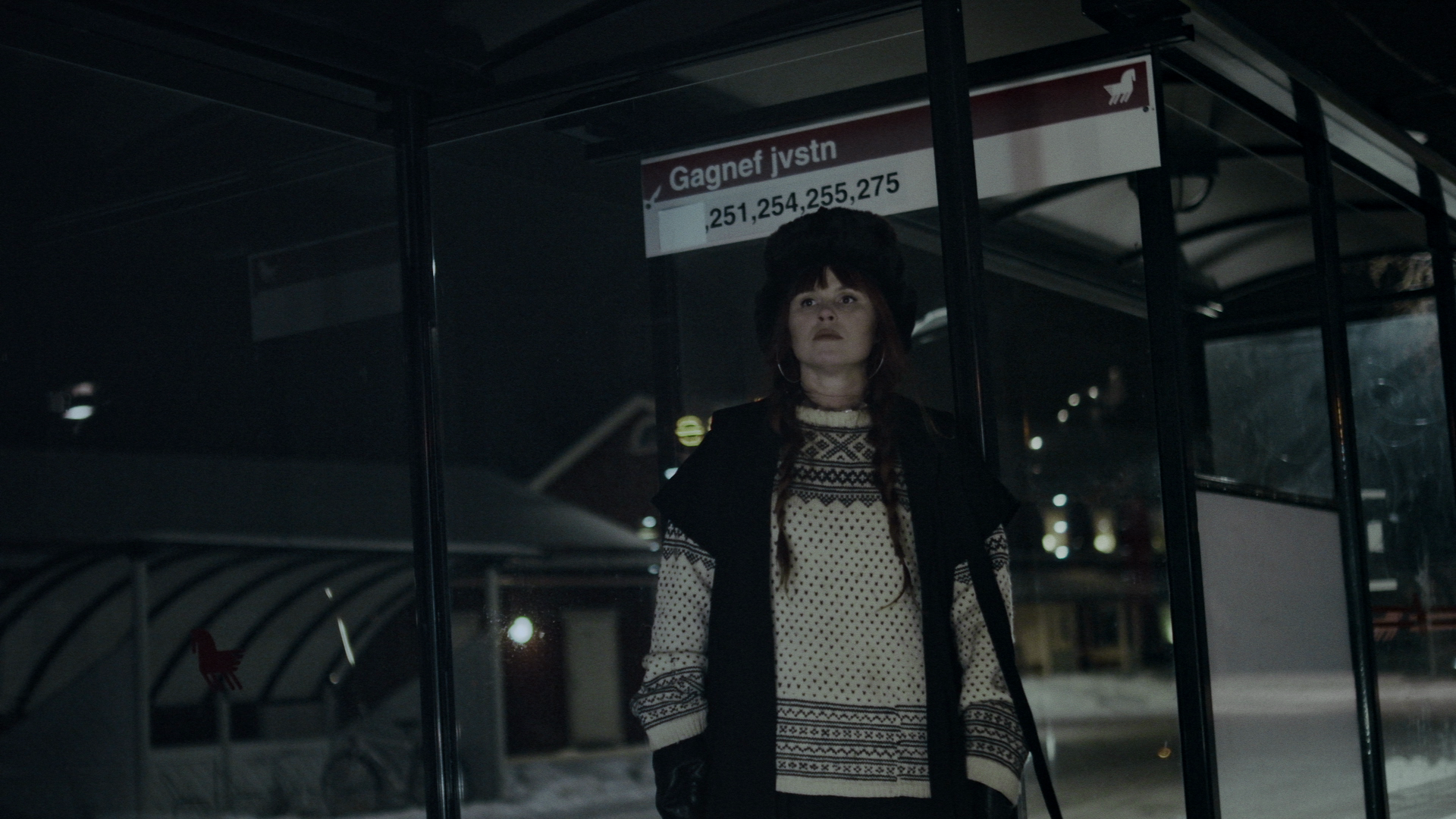 Kvinna i tunna vinterkläder står i en busskur med texten Gagnef jvgstn.