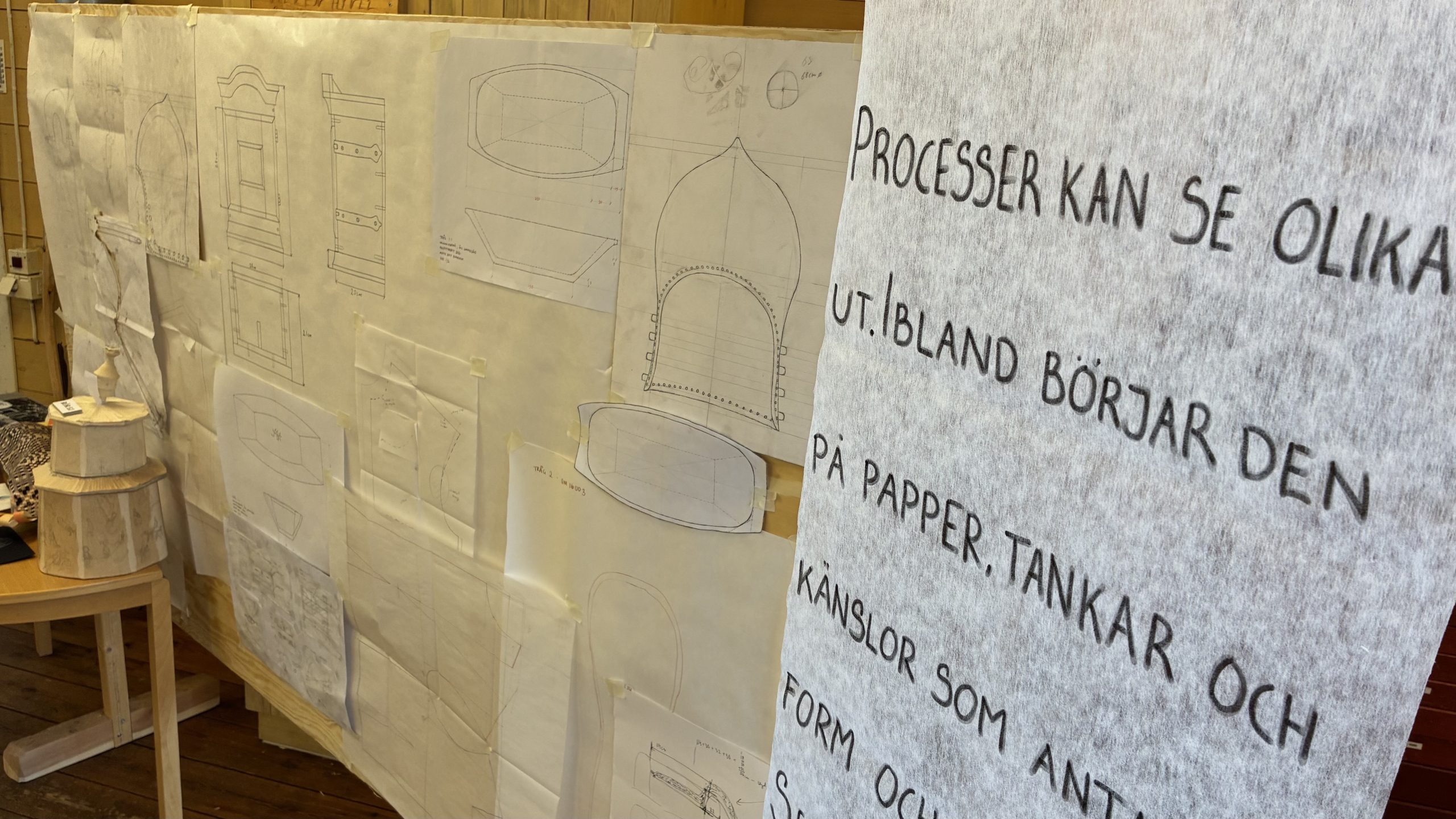 I bakgrunden syns blyertsskisser på en stor tavla, och i förgrunden ett papper med texten: "Processer kan se olika ut. Ibland börjar den på papper, tankar och känslor som antar form och..."