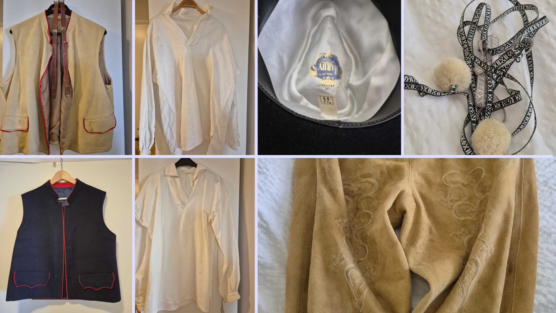 Kollage med sju bilder som visar fler västar, byxor och hattar.