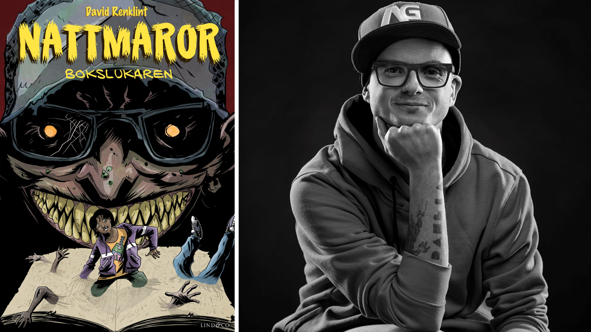 Till vänster bokomslaget med texten Nattmaror: Bokslukaren. Till höger en svartvit porträttbild på David Renklint.