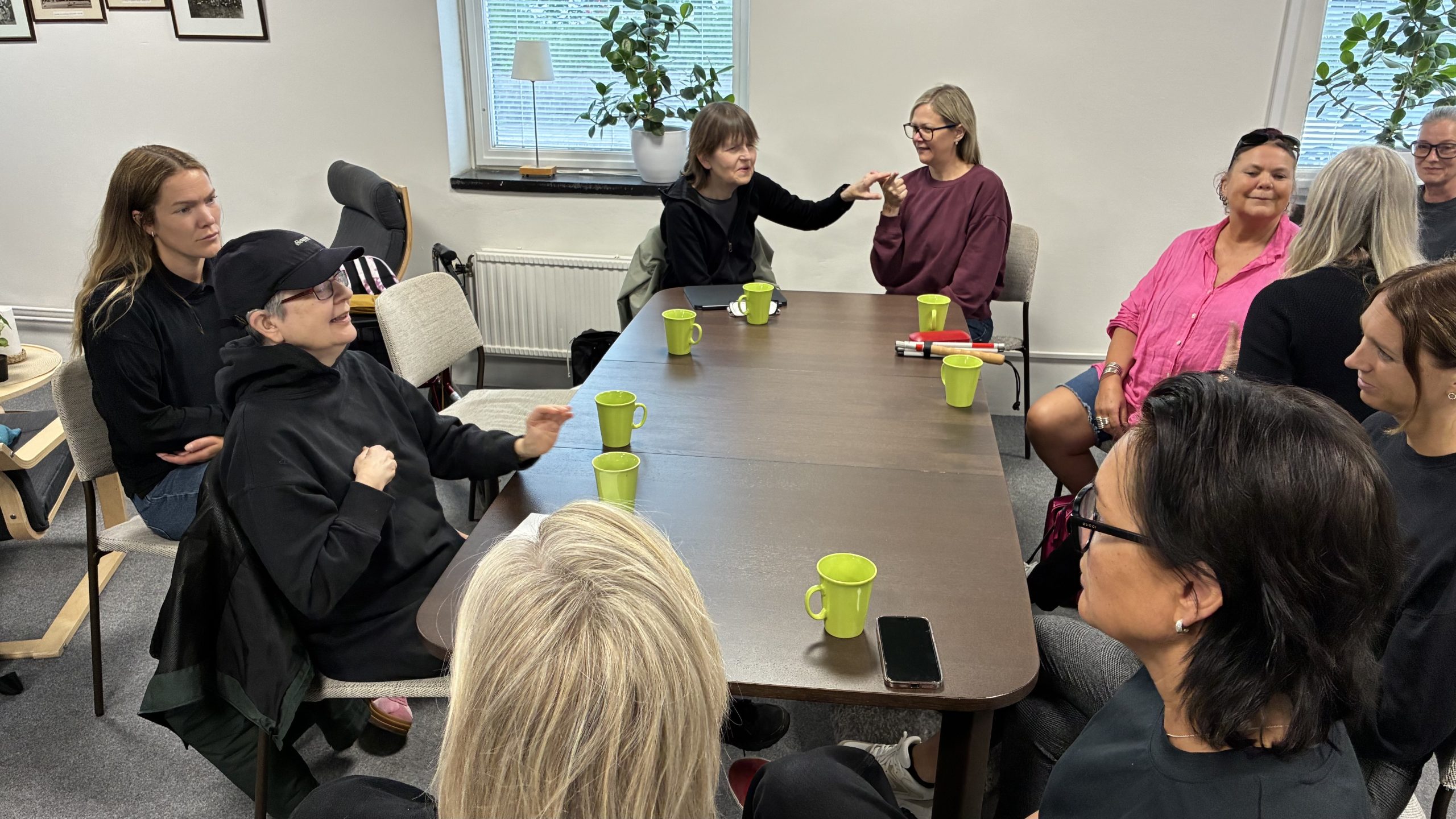 Runt ett bord sitter tre kvinnor med dövblindhet och i rummet finns åtta dövblindtolkar. Två tolkar per användare, och ytterligare två centraltolkar som taltolkar och syntolkar helheten. Helena Karlsson har ordet och stämningen i rummet verkar glad och trevlig.
