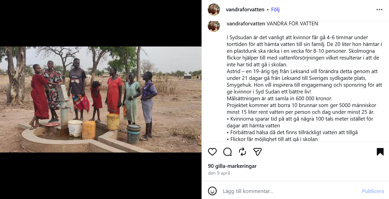 Skärmavbild från Instagram som visar en grupp afrikanska kvinnor och flickor med hinkar vid en brunn.