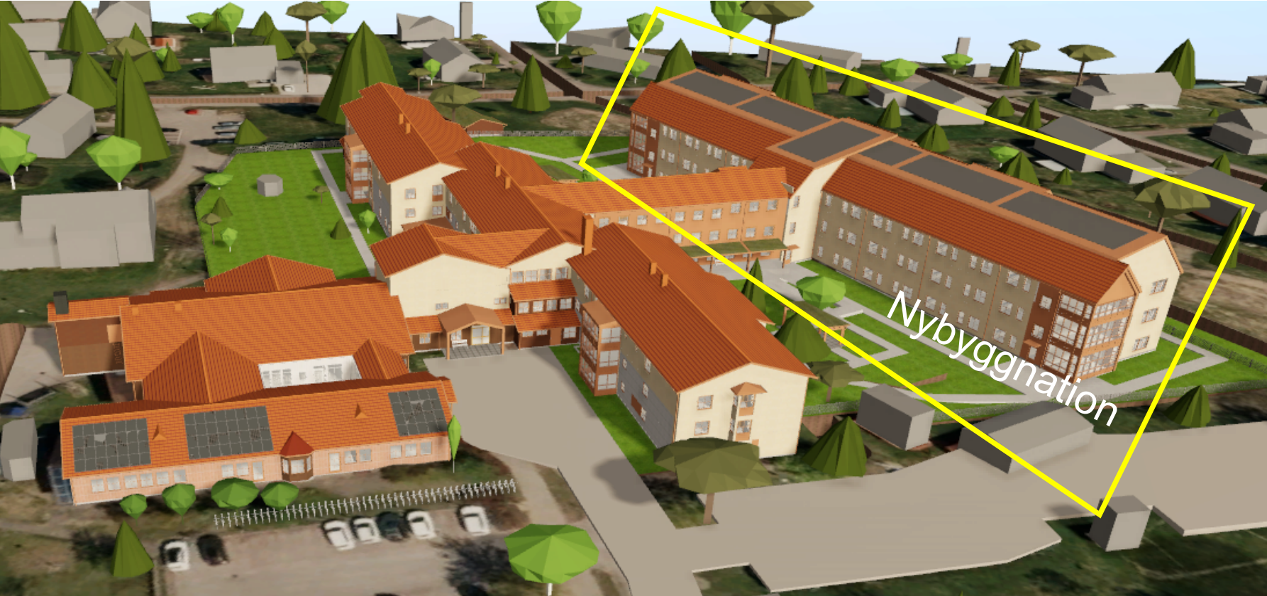 Skiss på 3D-modell av huset med tillbyggnad.