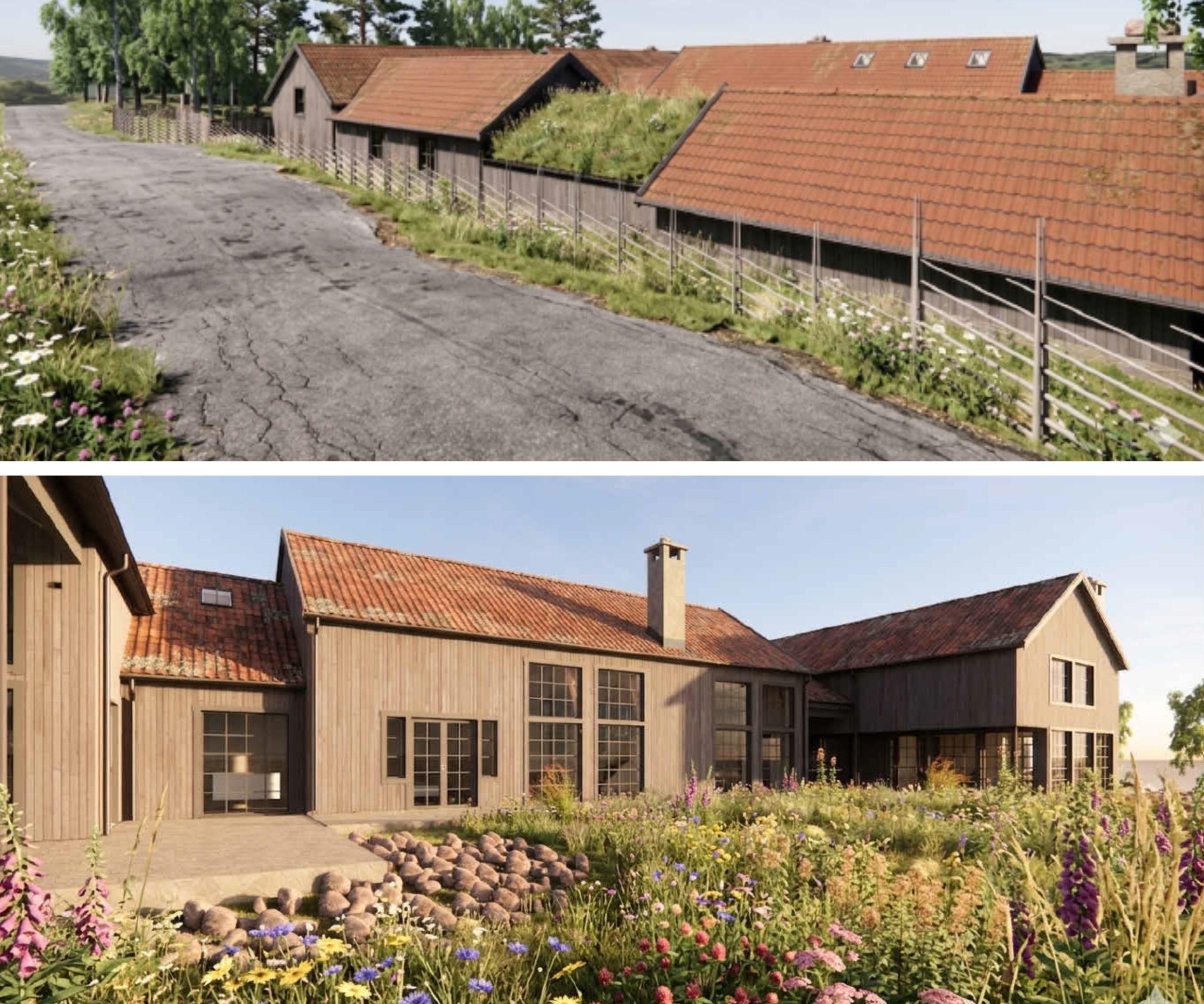 Tvådelad bild som visar grå hus med lertegel i en tät rad längs vägens kant.