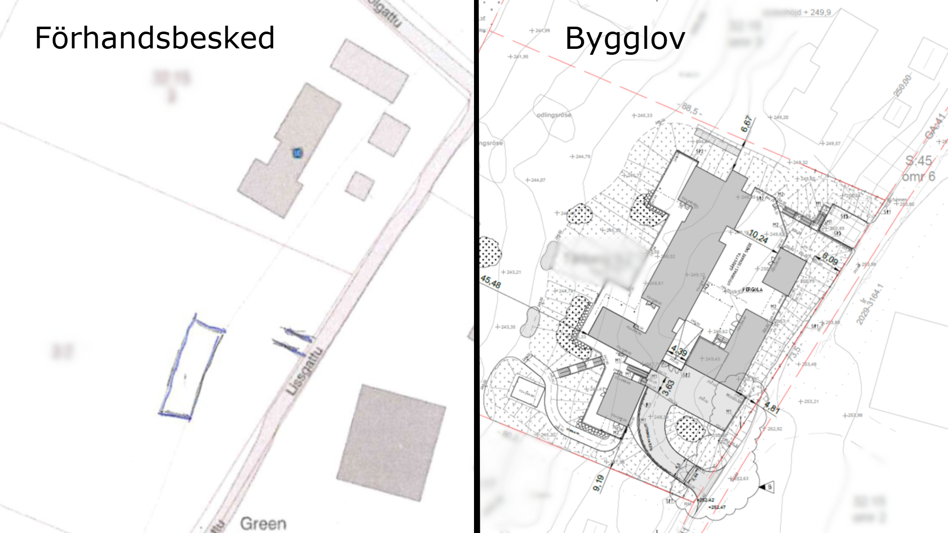 Ritningar som visar det mindre utritade huset på förhandsbeskedet, sida vid sida med en skiss som visar bygglovets planer.