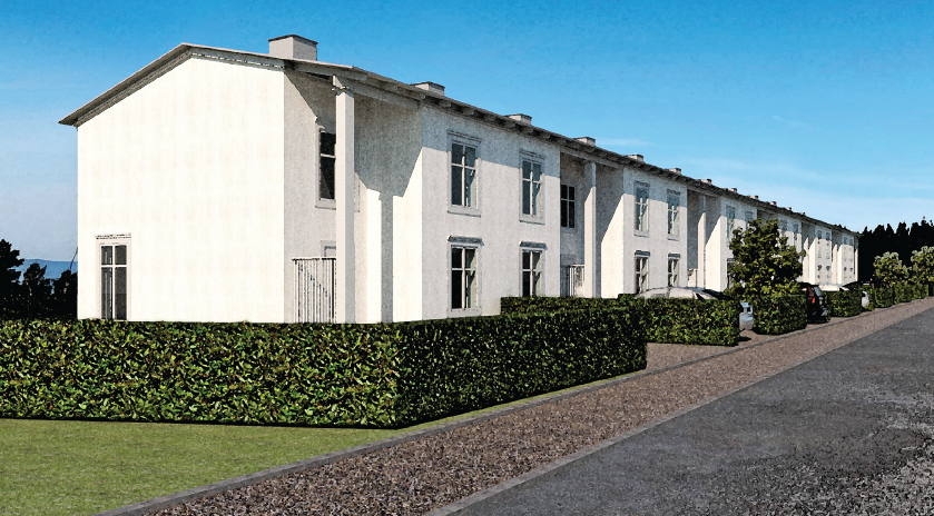 Vita radhus i två plan på Lummerhöjden, med häckar runtomkring.
