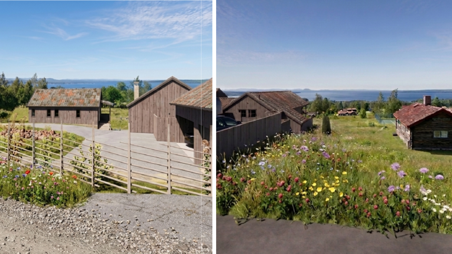 Tvådelad bild som visar trä-gråa hus, med Siljan i bakgrunden.