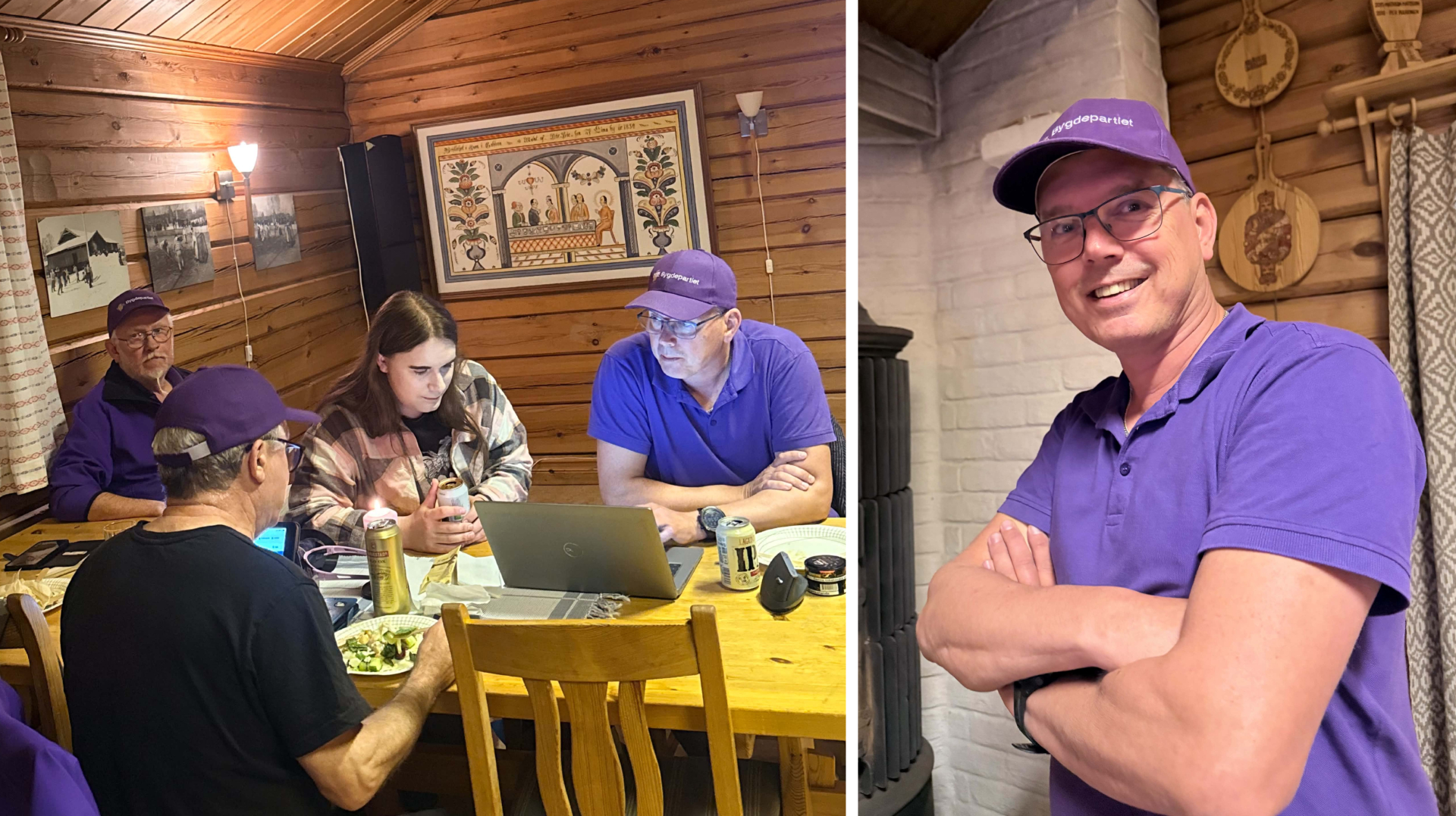 Delad bild med valvakan och en porträttbild på Johan Fändriks, nästan alla i partiets lila kläder.