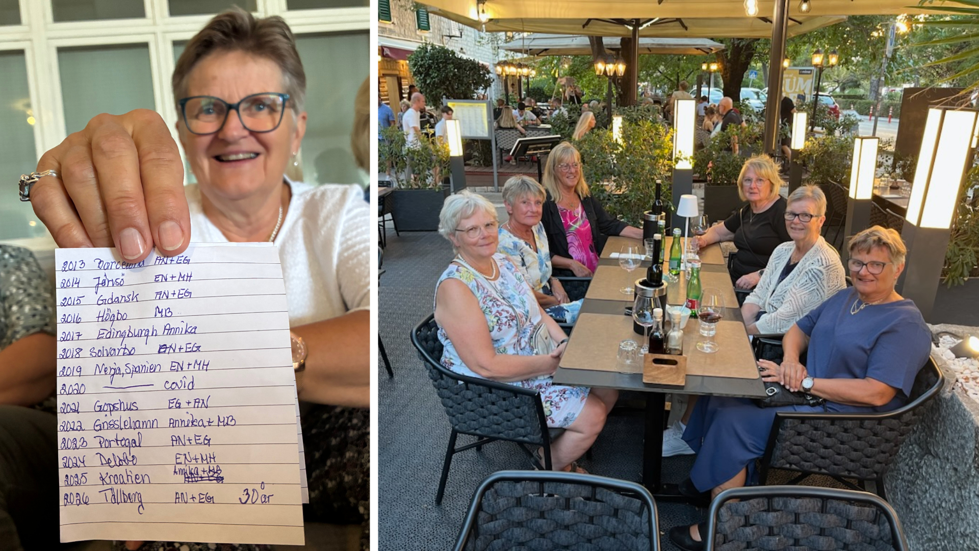 Till vänster håller en kvinna upp en lapp där varje års resmål är nedskrivet sedan 2013. Till höger sitter gruppen vid ett bord på en medelhavsrestaurang.