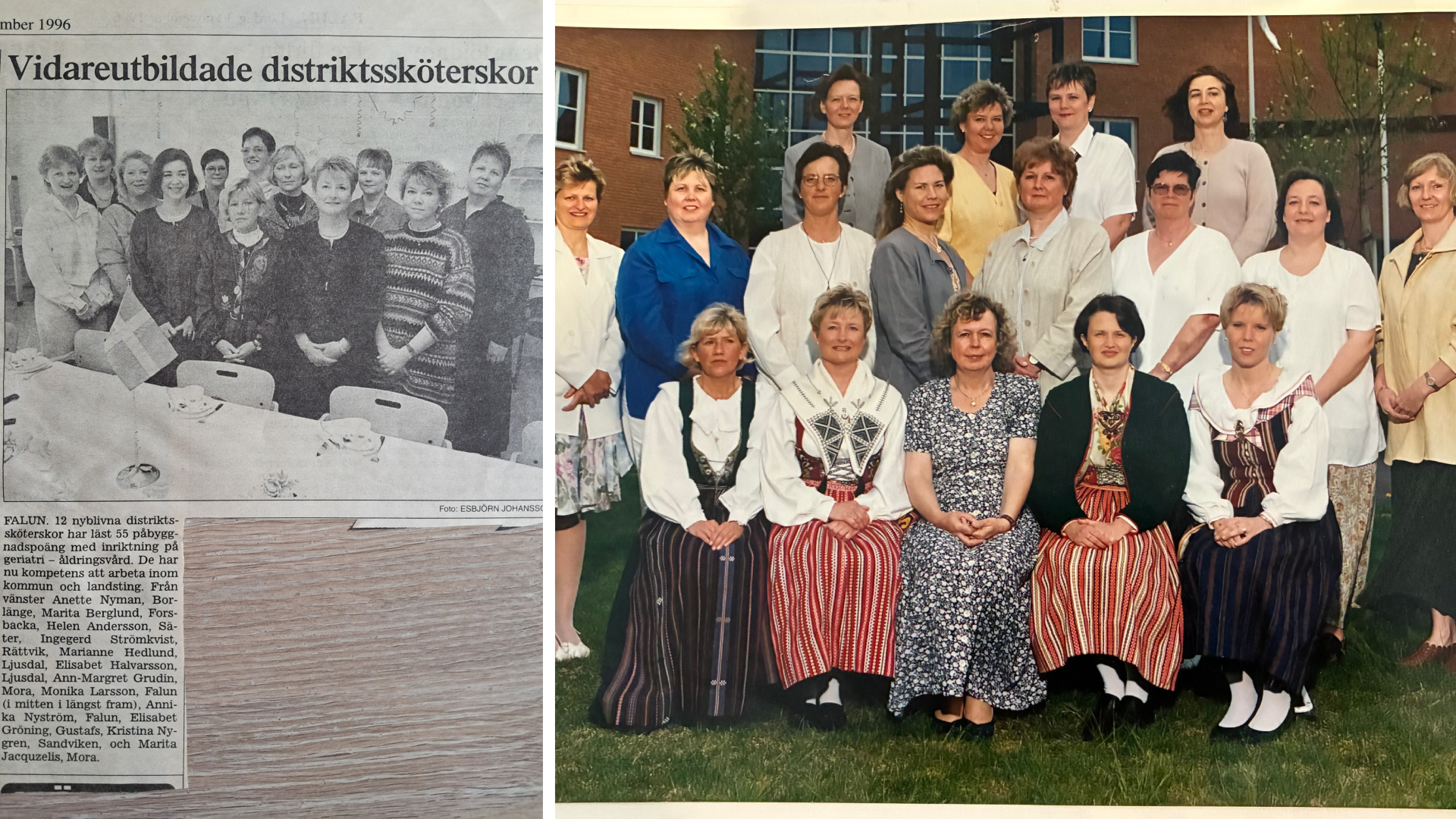 Till vänster en urklippt tidningsartikel med en bild, till höger en gruppbild i en trädgård uppställd som ett vanligt klassfoto.