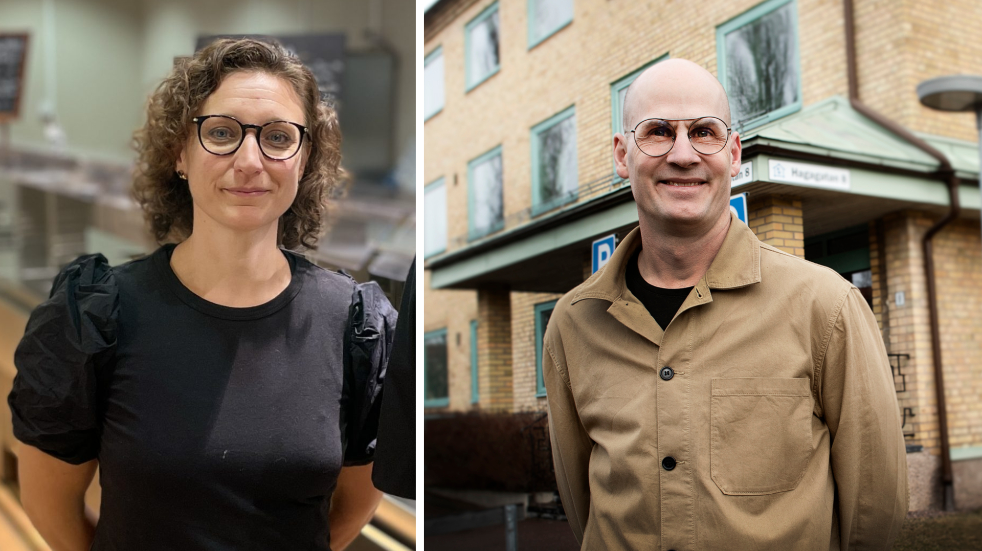Porträtt på två personer i skolköksmiljö respektiv utanför en kommunbyggnad.
