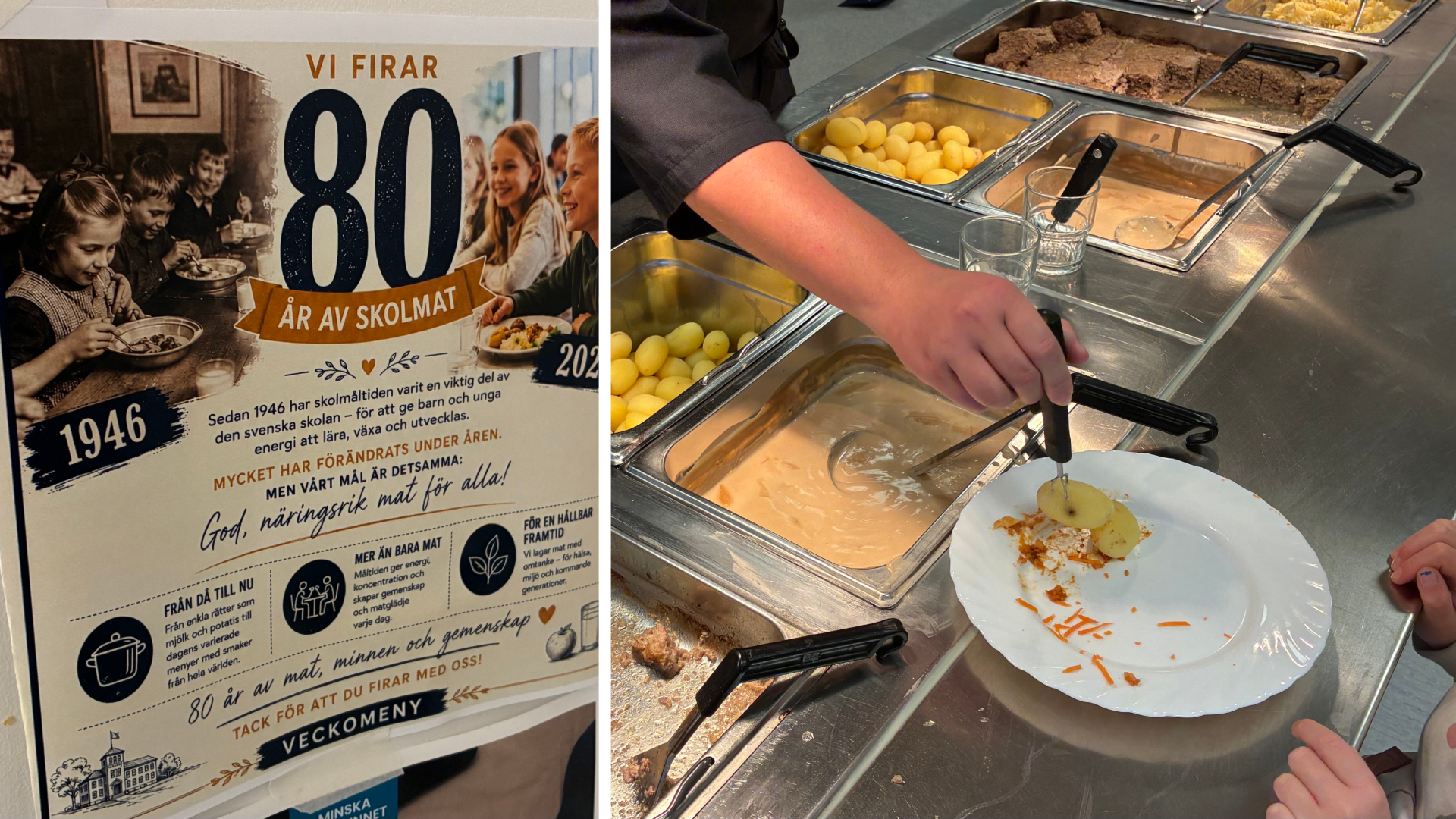 Till vänster en AI-tillverkad affisch som berättar om skolmatens historia. Till höger en skolköksanställds hand som lägger på potatis på en elevs tallrik