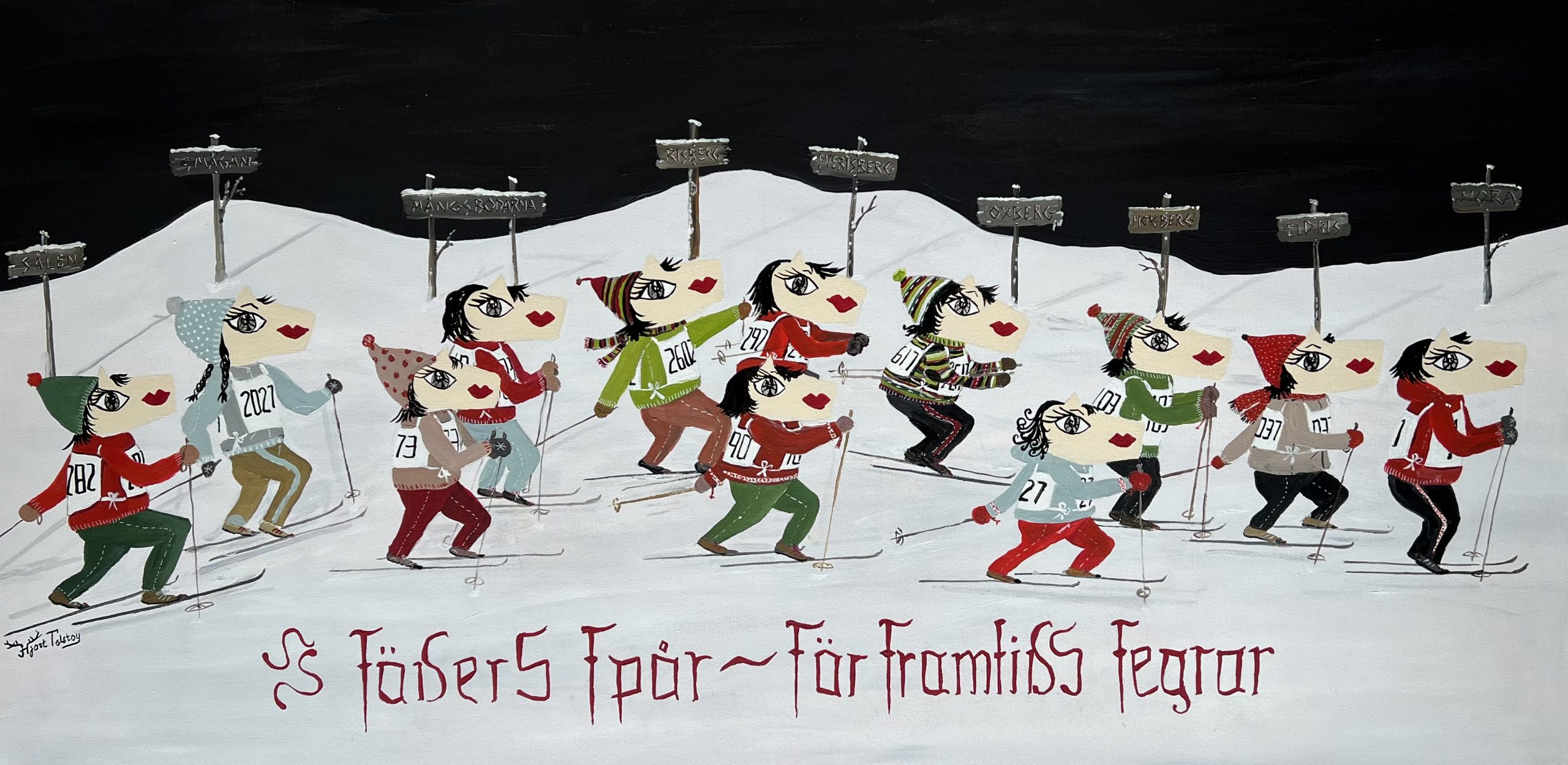 Stiliserade dalahästar på skidor som passerar kontrollerna från Sälen till Mora.