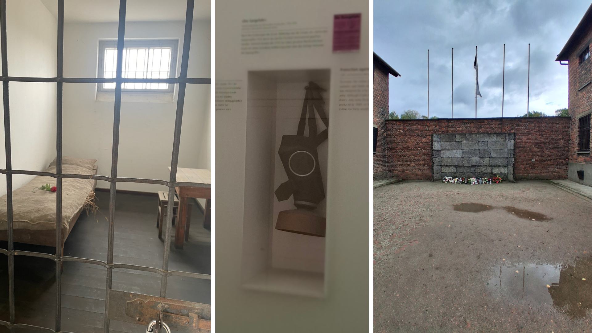 Till vänster en trång fängelsecell med galler, i mitten en upphängd gasmask, till höger den arkebuseringsvägg där fångar sköts ihjäl.