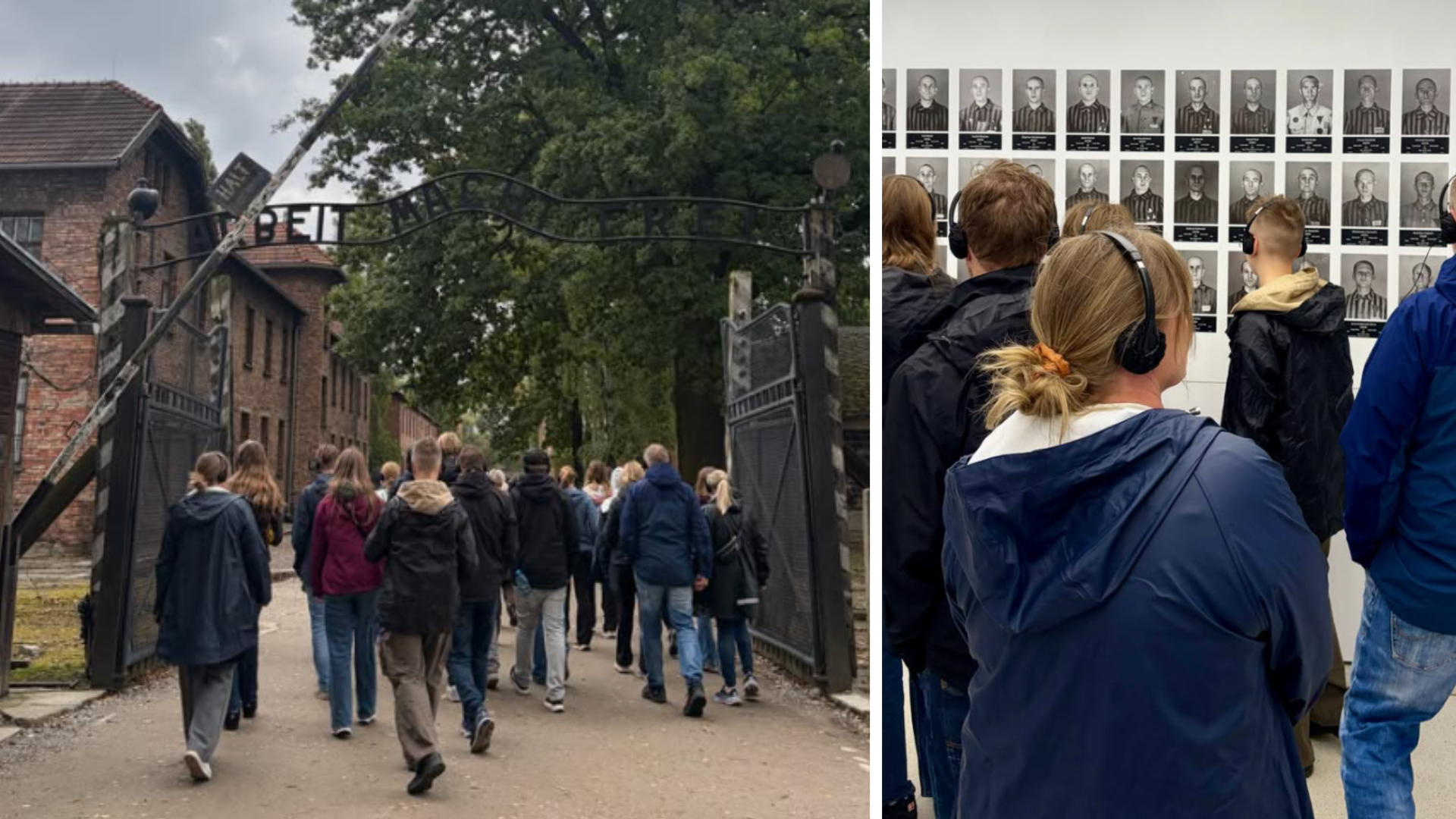 Delad bild, till vänster går en grupp elever in genom Auschwitz stora grind, till höger står de i ett rum på museet med bilder på fångar på väggarna.