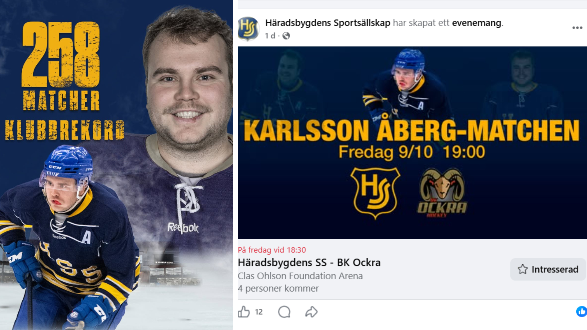 En affisch med Markus ansikte och texten "258 matcher Klubbrekord". Till höger en bild på Facebookevenemanget som har skapats.