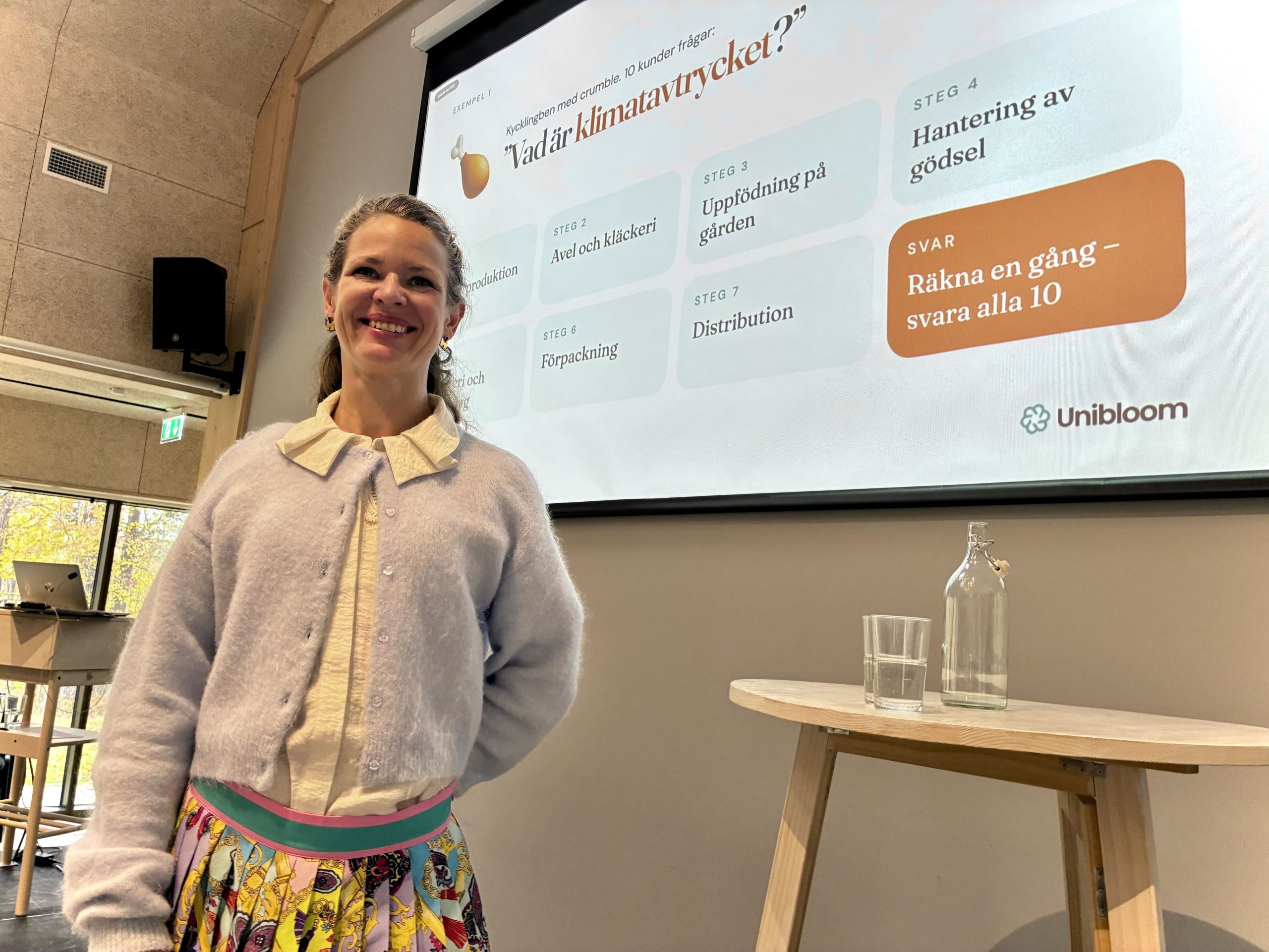 Anna Sandgren i färgglad kjol står framför en en powerpointbild med titeln "Vad är klimatavtrycket" och en bild på en kycklingklubba.