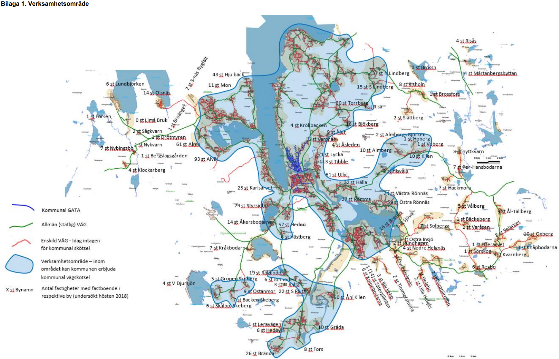 Karta på vit bakgrund där Leksands vägnät och byar är utritade, med beräkningar av hur många fastboende det fanns överallt 2018.